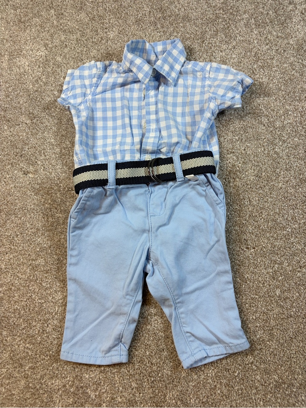 The Children's Place Light Blue Gingham Top with Black & White Striped Belt